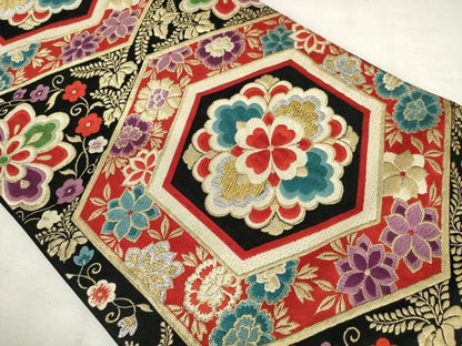 平和屋着物◎六通柄袋帯　唐織　亀甲花文　黒地　金銀糸　正絹　逸品　AABM3148od