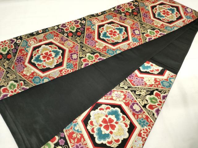 平和屋着物◎六通柄袋帯　唐織　亀甲花文　黒地　金銀糸　正絹　逸品　AABM3148od
