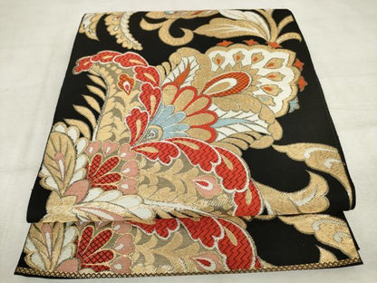 平和屋着物◎六通柄　本袋帯　唐織　更紗花文　黒地　金糸　正絹　逸品　AABM3149od