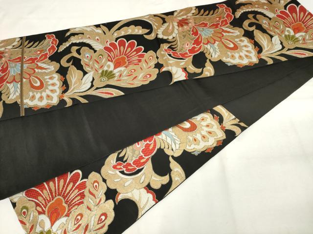 平和屋着物◎六通柄　本袋帯　唐織　更紗花文　黒地　金糸　正絹　逸品　AABM3149od