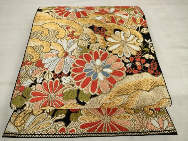 平和屋着物◎六通柄　本袋帯　唐織　能裳の波　黒地　金銀糸　正絹　逸品　AABM3150od
