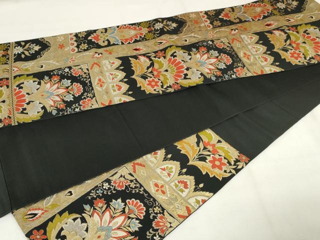 平和屋着物◎六通柄　本袋帯　唐織　更紗花文　黒地　金糸　AABM3152od