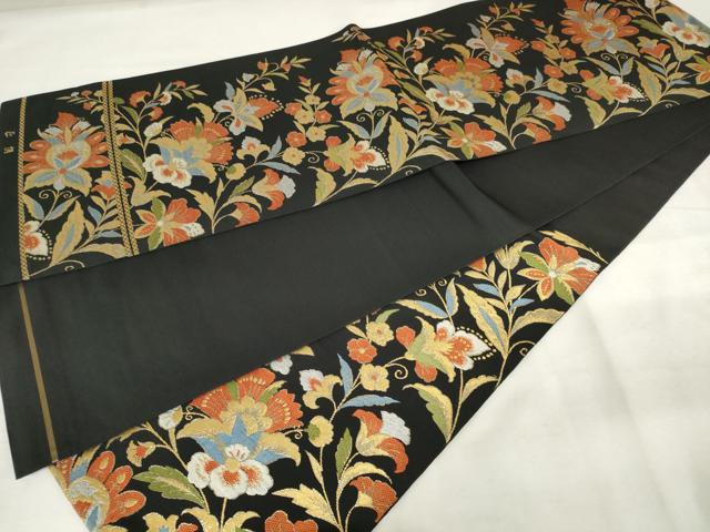 平和屋着物◎六通柄　本袋帯　唐織　更紗花文　黒地　金銀糸　正絹　逸品　AABM3153od