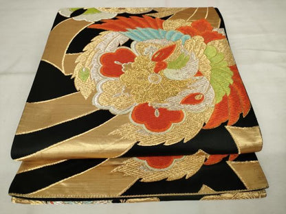 平和屋着物◎六通柄袋帯　唐織　花鳥文　黒地　金銀糸　正絹　逸品　AABM3154od
