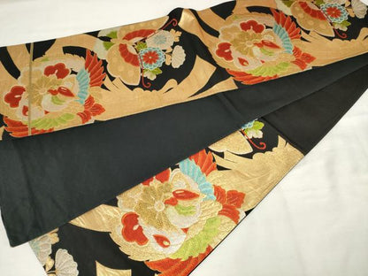 平和屋着物◎六通柄袋帯　唐織　花鳥文　黒地　金銀糸　正絹　逸品　AABM3154od