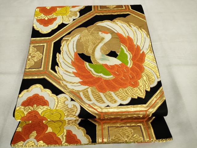 平和屋着物◎六通柄袋帯　唐織　蜀江飛鶴花紋　黒地　金糸　正絹　逸品　AABM3155od