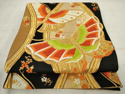 平和屋着物◎六通柄袋帯　唐織　立涌花蝶文　黒地　金糸　正絹　逸品　AABM3166od