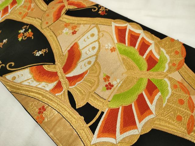 平和屋着物◎六通柄袋帯　唐織　立涌花蝶文　黒地　金糸　正絹　逸品　AABM3166od