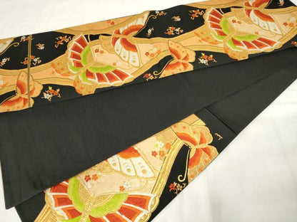 平和屋着物◎六通柄袋帯　唐織　立涌花蝶文　黒地　金糸　正絹　逸品　AABM3166od