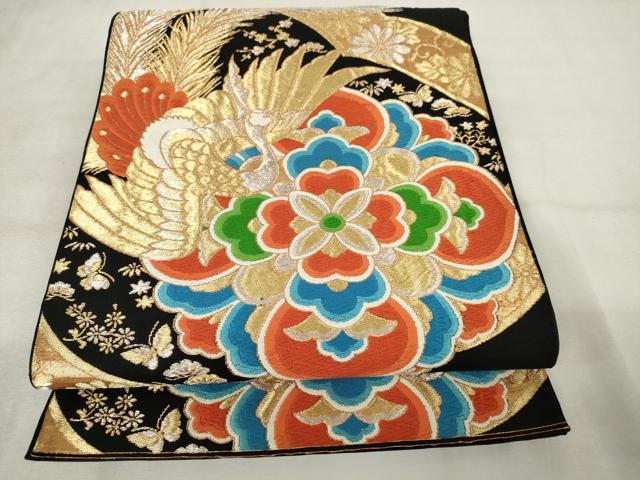平和屋着物◎六通柄　京袋帯　唐織　鳳凰花文　黒地　金銀糸　正絹　逸品　AABM3167od