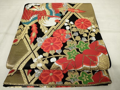 平和屋着物◎六通柄袋帯　唐織　鳳凰花文　黒地　金銀糸　正絹　逸品　AABM3168od