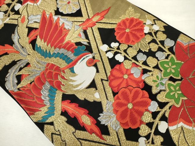 平和屋着物◎六通柄袋帯　唐織　鳳凰花文　黒地　金銀糸　正絹　逸品　AABM3168od