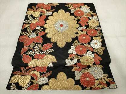 平和屋着物◎六通柄袋帯　唐織　草花文　黒地　金糸　正絹　逸品　AABM3169od