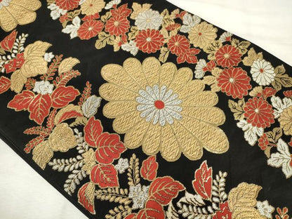 平和屋着物◎六通柄袋帯　唐織　草花文　黒地　金糸　正絹　逸品　AABM3169od