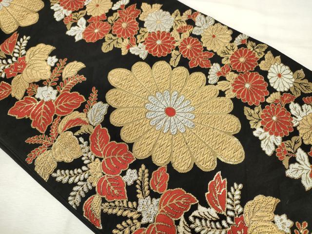 平和屋着物◎六通柄袋帯　唐織　草花文　黒地　金糸　正絹　逸品　AABM3169od