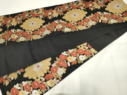 平和屋着物◎六通柄袋帯　唐織　草花文　黒地　金糸　正絹　逸品　AABM3169od