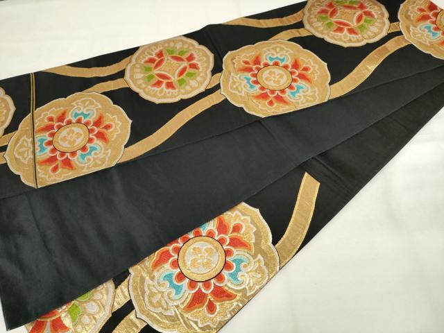 平和屋着物◎六通柄袋帯　唐織　立涌花文　黒地　金銀糸　正絹　逸品　AABM3173od