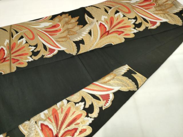 平和屋着物◎六通柄　本袋帯　唐織　草花文　黒地　金糸　正絹　逸品　AABM3177od