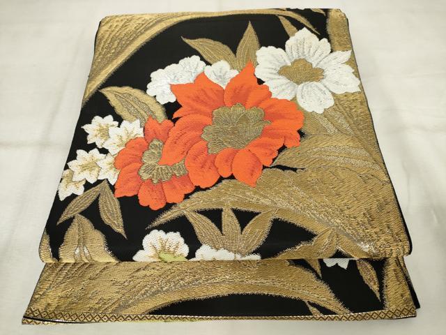 平和屋着物◎六通柄　本袋帯　唐織　草花文　黒地　金糸　正絹　逸品　AABM3178od
