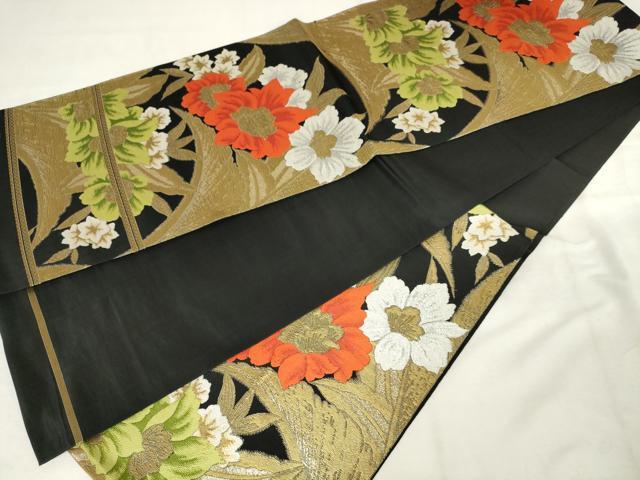 平和屋着物◎六通柄　本袋帯　唐織　草花文　黒地　金糸　正絹　逸品　AABM3178od
