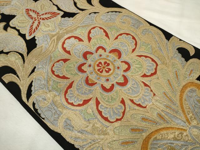 平和屋着物◎六通柄　本袋帯　花唐草文　黒地　銀糸　正絹　逸品　AABM3180od