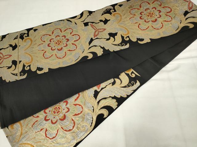 平和屋着物◎六通柄　本袋帯　花唐草文　黒地　銀糸　正絹　逸品　AABM3180od