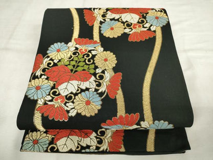 平和屋着物◎六通柄　本袋帯　唐織　立涌花桐文　黒地　金糸　正絹　逸品　AABM3182od