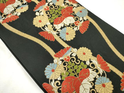 平和屋着物◎六通柄　本袋帯　唐織　立涌花桐文　黒地　金糸　正絹　逸品　AABM3182od