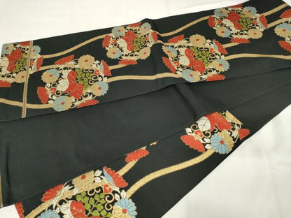 平和屋着物◎六通柄　本袋帯　唐織　立涌花桐文　黒地　金糸　正絹　逸品　AABM3182od