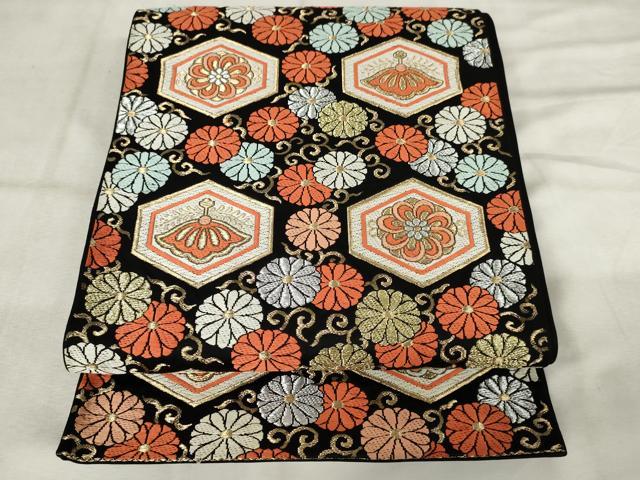 平和屋着物◎六通柄袋帯　唐織　亀甲花唐草文　黒地　金金糸　正絹　逸品　AABM3183od