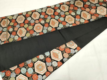 平和屋着物◎六通柄袋帯　唐織　亀甲花唐草文　黒地　金金糸　正絹　逸品　AABM3183od