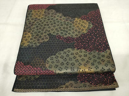 平和屋着物◎六通柄袋帯　雲取り花文　金糸　正絹　逸品　AABM3184od