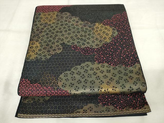 平和屋着物◎六通柄袋帯　雲取り花文　金糸　正絹　逸品　AABM3184od