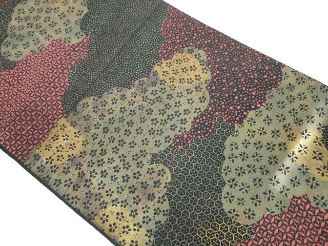 平和屋着物◎六通柄袋帯　雲取り花文　金糸　正絹　逸品　AABM3184od
