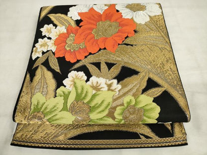 平和屋着物◎六通柄　本袋帯　唐織　草花文　黒地　金糸　正絹　逸品　AABM3191od
