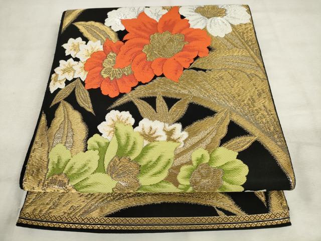 平和屋着物◎六通柄　本袋帯　唐織　草花文　黒地　金糸　正絹　逸品　AABM3191od