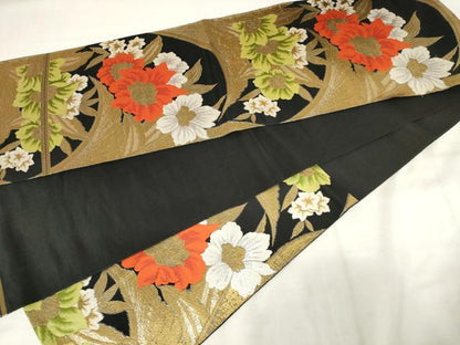 平和屋着物◎六通柄　本袋帯　唐織　草花文　黒地　金糸　正絹　逸品　AABM3191od