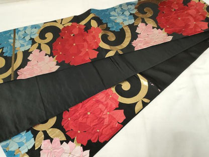 平和屋着物◎六通柄袋帯　唐織　花唐草文　黒地　金糸　正絹　逸品　AABM3192od