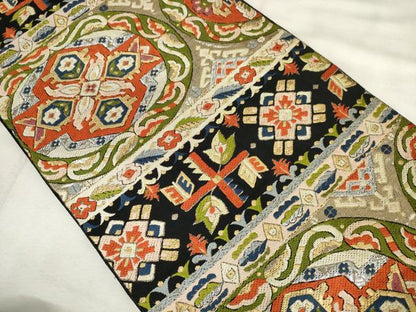 平和屋着物◎六通柄　本袋帯　洋花文　黒地　金銀糸　正絹　逸品　AABM3195od