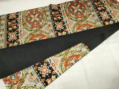 平和屋着物◎六通柄　本袋帯　洋花文　黒地　金銀糸　正絹　逸品　AABM3195od