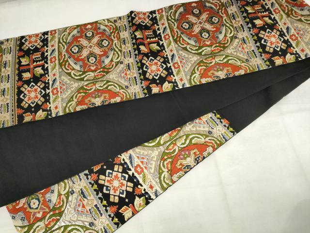 平和屋着物◎六通柄　本袋帯　洋花文　黒地　金銀糸　正絹　逸品　AABM3195od