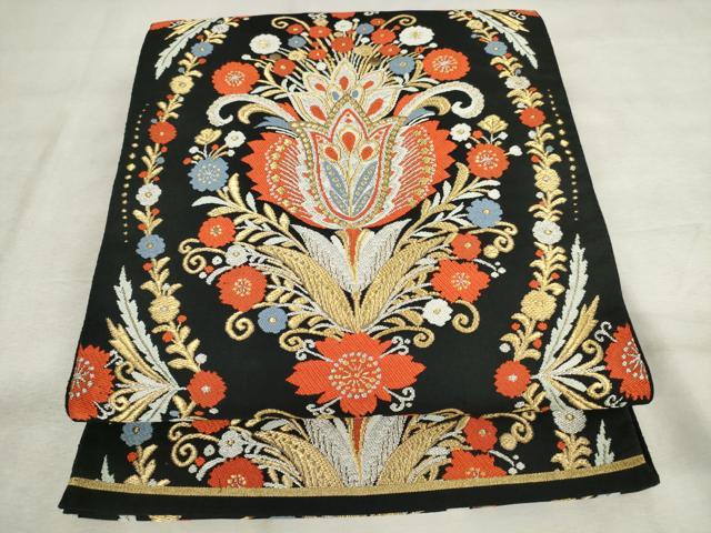 平和屋着物◎六通柄袋帯　唐織　更紗花文　黒地　金銀糸　正絹　逸品　AABM3197od