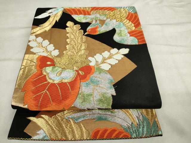 平和屋着物◎六通柄袋帯　唐織　地紙鳳凰桐文　黒地　金銀糸　正絹　逸品　AABM3206od