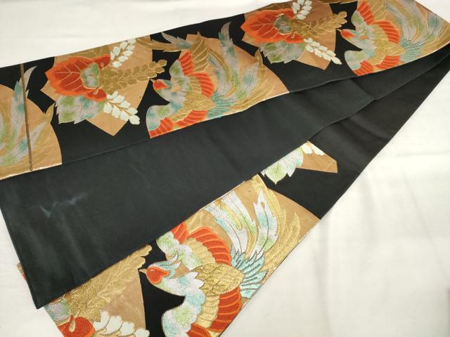 平和屋着物◎六通柄袋帯　唐織　地紙鳳凰桐文　黒地　金銀糸　正絹　逸品　AABM3206od
