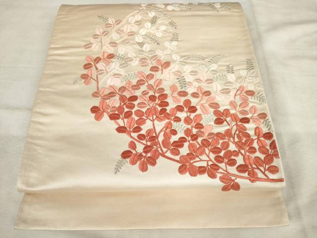 平和屋着物◎太鼓柄袋帯　総刺繍　枝葉文　銀糸　正絹　逸品　AABM3208od