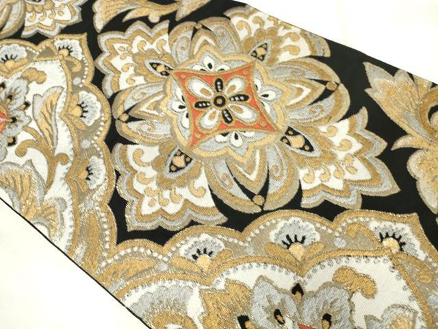 平和屋着物◎六通柄　京本袋帯　唐織　更紗花文　黒地　金銀糸　正絹　逸品　AABM3216od