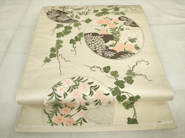 平和屋着物◎六通柄袋帯　唐織　花丸文　銀糸　正絹　逸品　AABM3222od