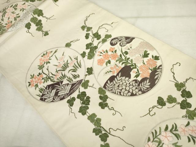 平和屋着物◎六通柄袋帯　唐織　花丸文　銀糸　正絹　逸品　AABM3222od