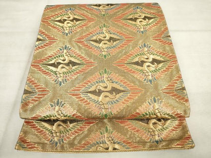 平和屋着物◎佐賀錦　六通柄袋帯　双鶴文　金糸　正絹　逸品　AABM3223od