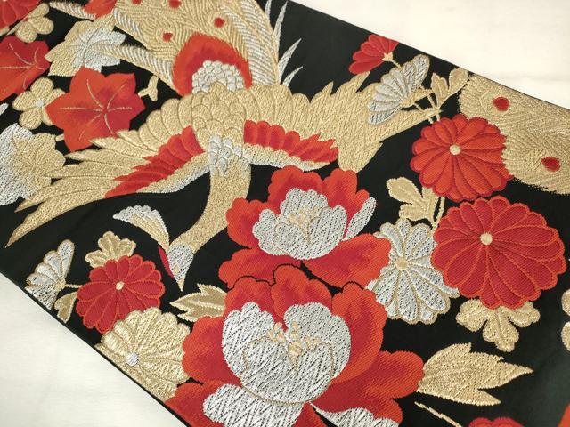 平和屋着物◎六通柄袋帯　唐織　鳳凰花文　黒地　金銀糸　正絹　逸品　AABM3226od
